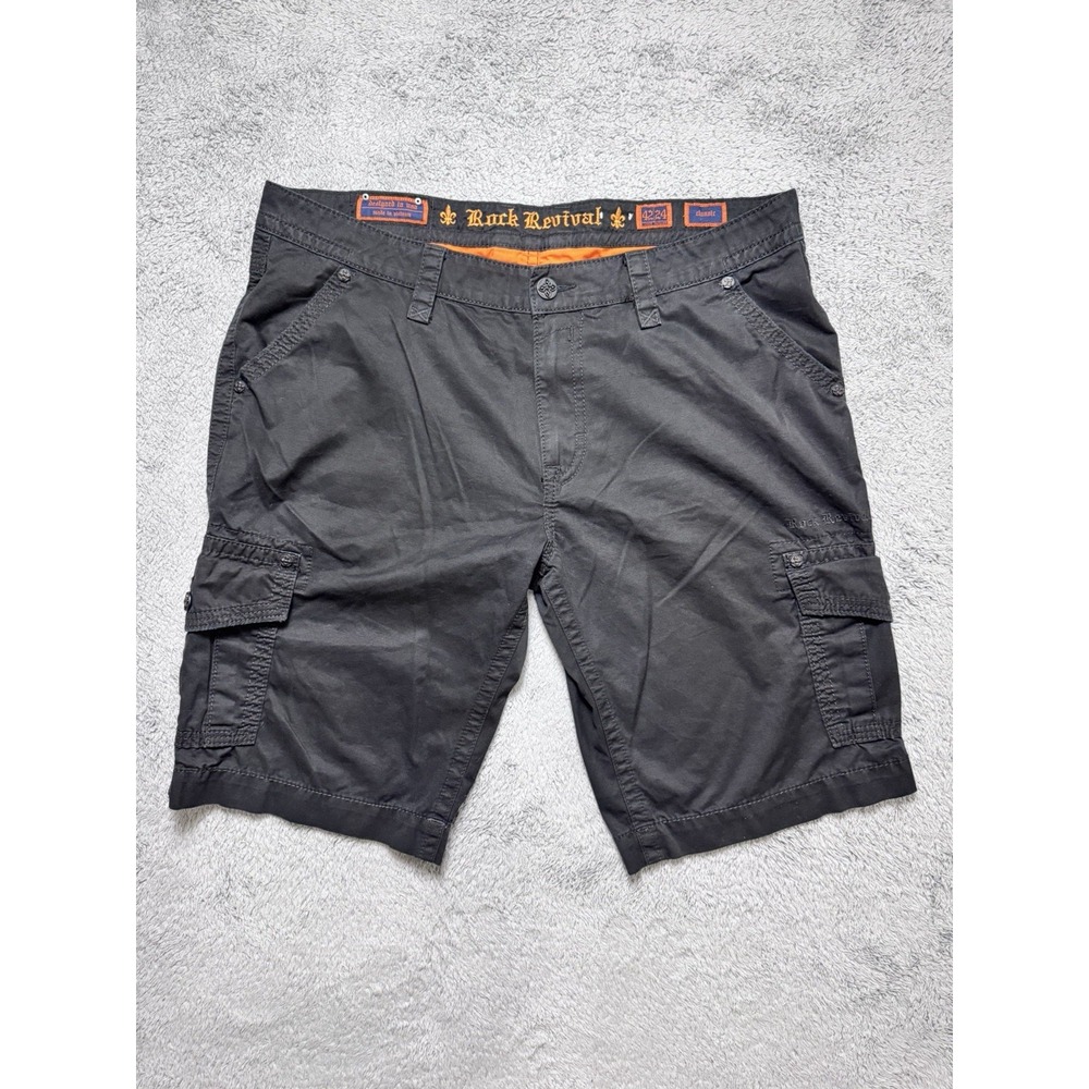 Rock Revival Men Fits as 44W 14'' Inseam Classic Black Cargo Shorts Jorts *READ